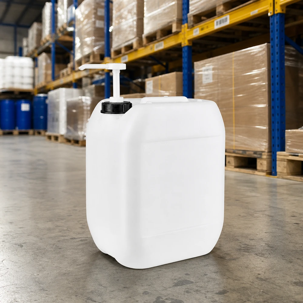 Quaderförmiger milchweißer 10L Kanister mit Pumpaufsatz für effiziente Produktentnahme