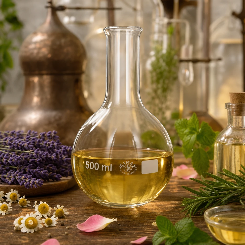 Stehkolben 500ml Enghals Stehkolben 500ml aus robustem Glas zwischen duftenden Kräutern auf rustikalem Holztisch