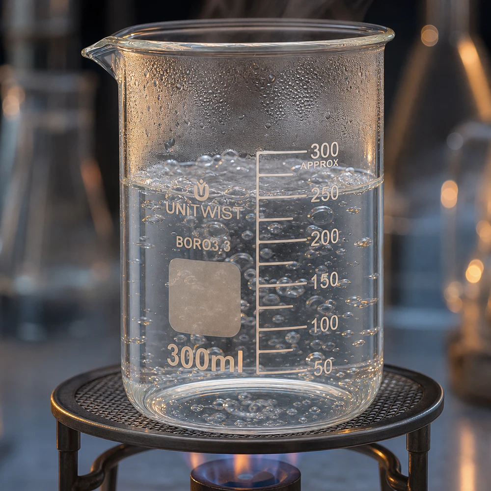 UNiTWIST Becherglas BORO 3.3 Glas 300ml auf Metallgitter über Gasflamme erhitzt