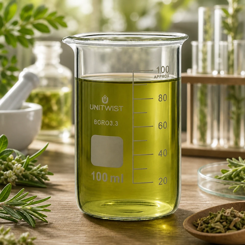 Becherglas 100ml UNITWIST Boro3.3 hohe Form mit olivgelbem Pflanzenöl auf Holzoberfläche im Kräuterlabor