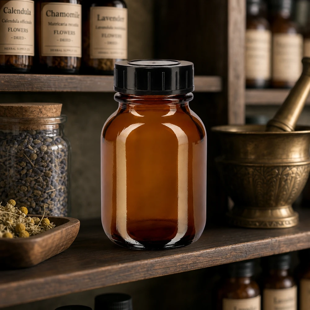 50ml Weithalsflasche Braunglas mit Schraubdeckel Traditionelle 50ml Weithalsflasche aus braunem Glas mit modernem Schraubverschluss Design