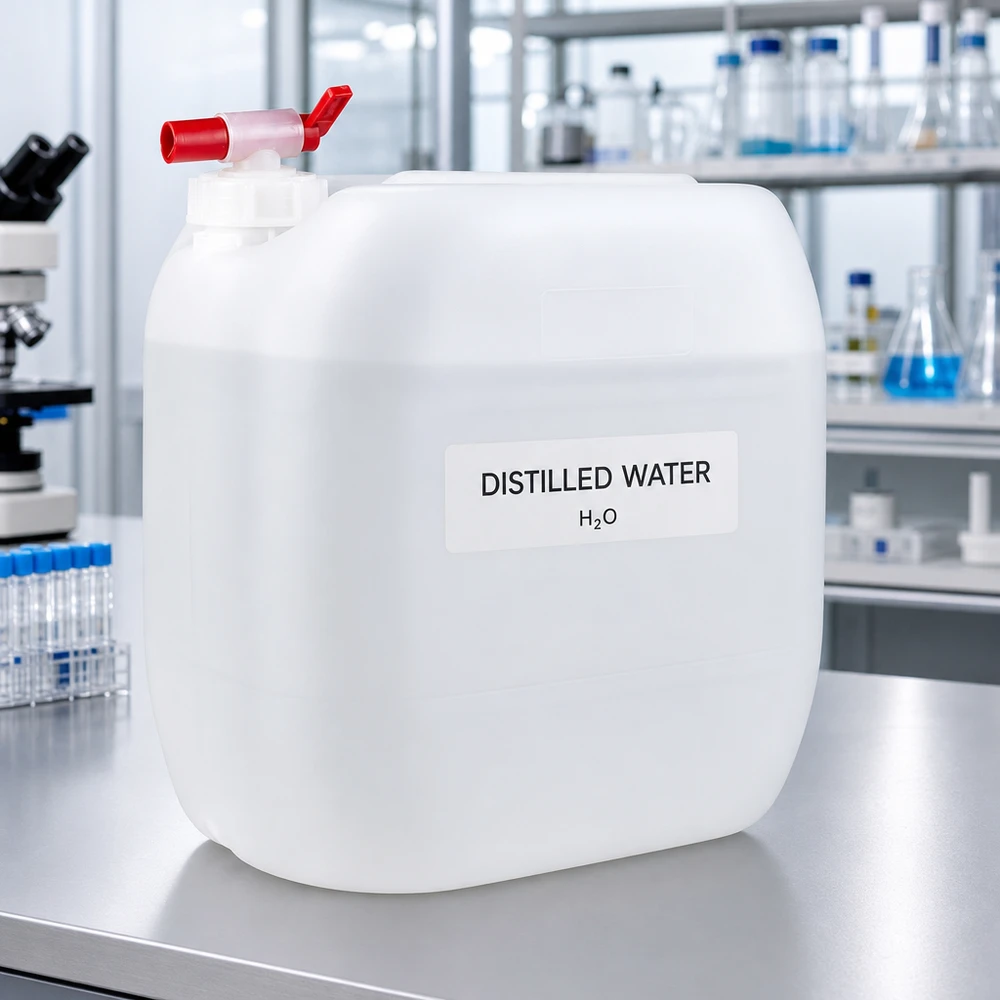 Quadratischer 30 Liter Vorratsbehälter mit rotem Hahn zur sicheren Wasserentnahme im Labor