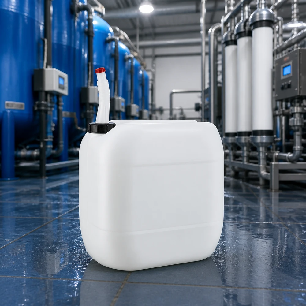 Leerer weißer Großkanister 30 Liter mit beweglichem Ausgießrohr auf blauem Industrieboden