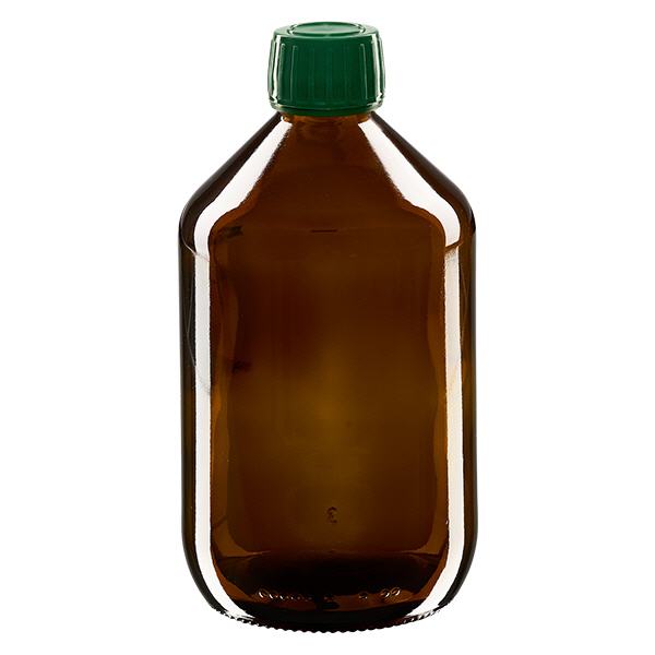 500ml Medizinflasche braun, Verschluss grün mit Originalitätsring ApoGlas