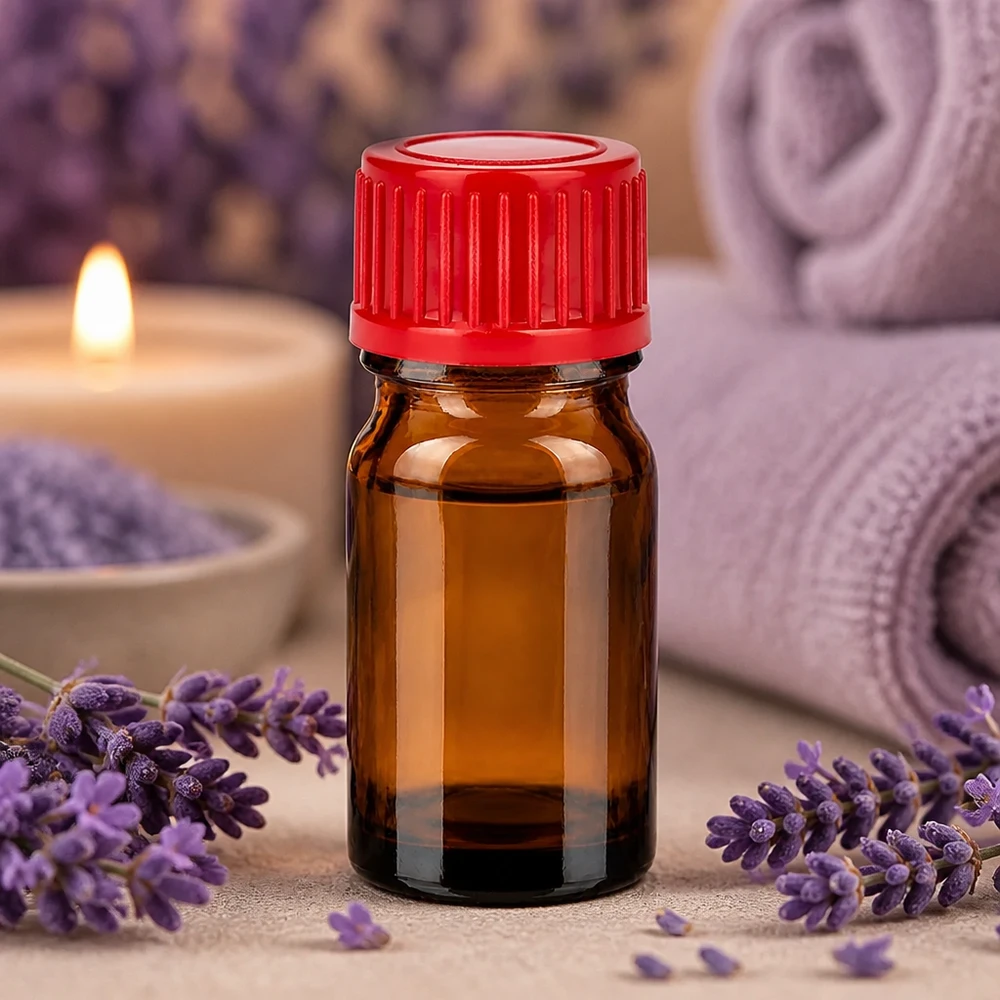 Handliche 5ml Flasche aus dunklem Glas mit rotem Schraubdeckel für sichere Aufbewahrung