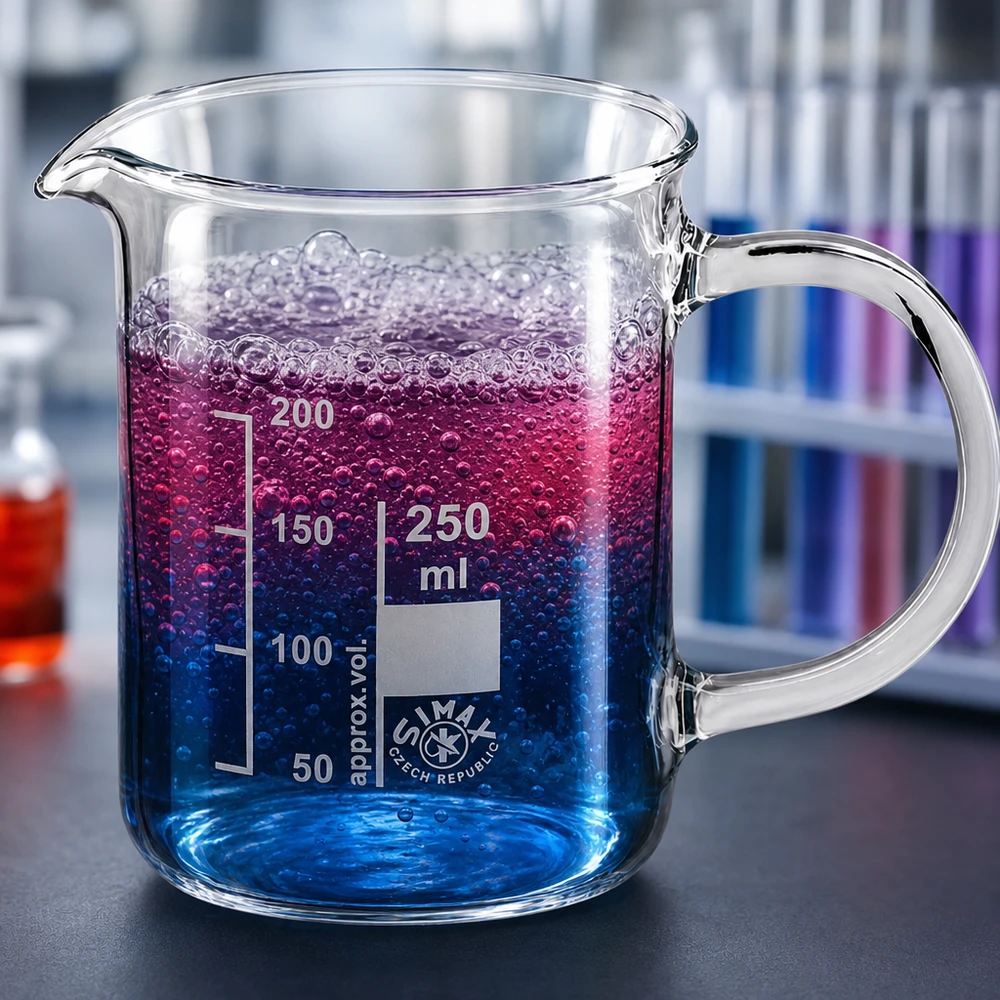 Becherglas 250ml mit Henkel von Simax Czech Republic mit sprudelndem blauem Inhalt