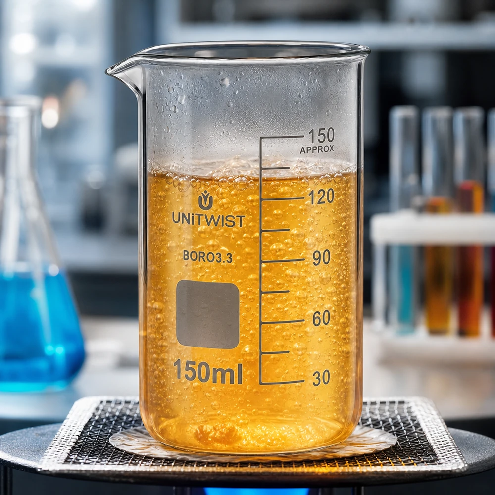 Graduiertes UNITWIST Becherglas 150ml hohe Form Borosilikat mit erhitzter goldgelber Substanz