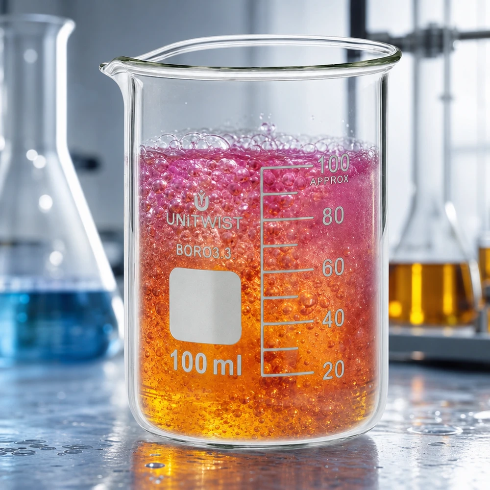 Becherglas 100ml aus Borosilikat 3.3 mit schaumender mehrfarbiger Reaktion im Labor