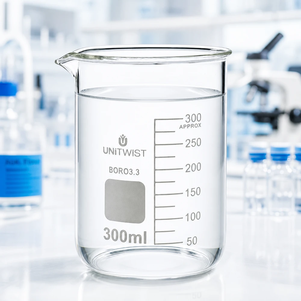 Becherglas 300ml Borosilikat, niedrige Form UNiTWIST Niedrige Form Laborbecherglas 300ml mit Ausgießschnauze und sichtbarer Graduierung von UNiTWIST