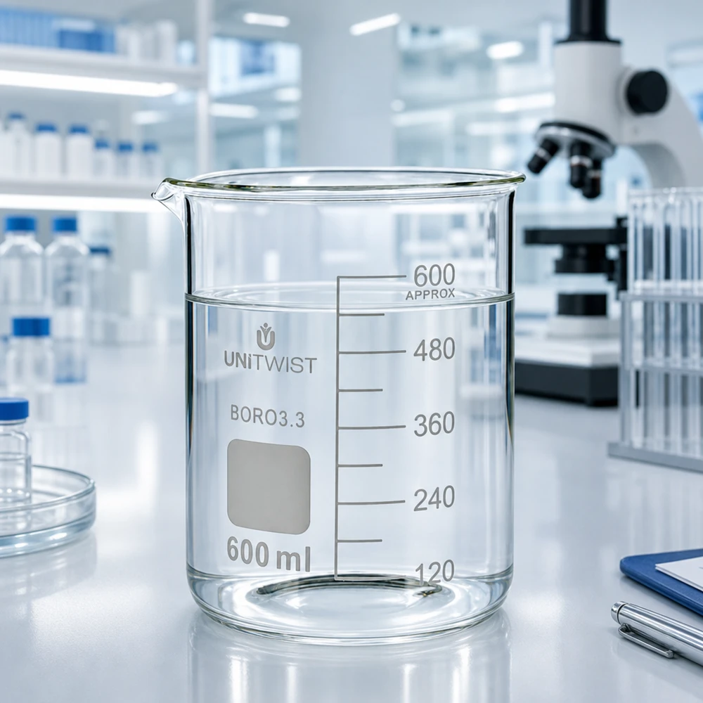 Transparentes Laborglas 600ml UNiTWIST mit Millimetergraduierung neben Mikroskop und Petrischalen