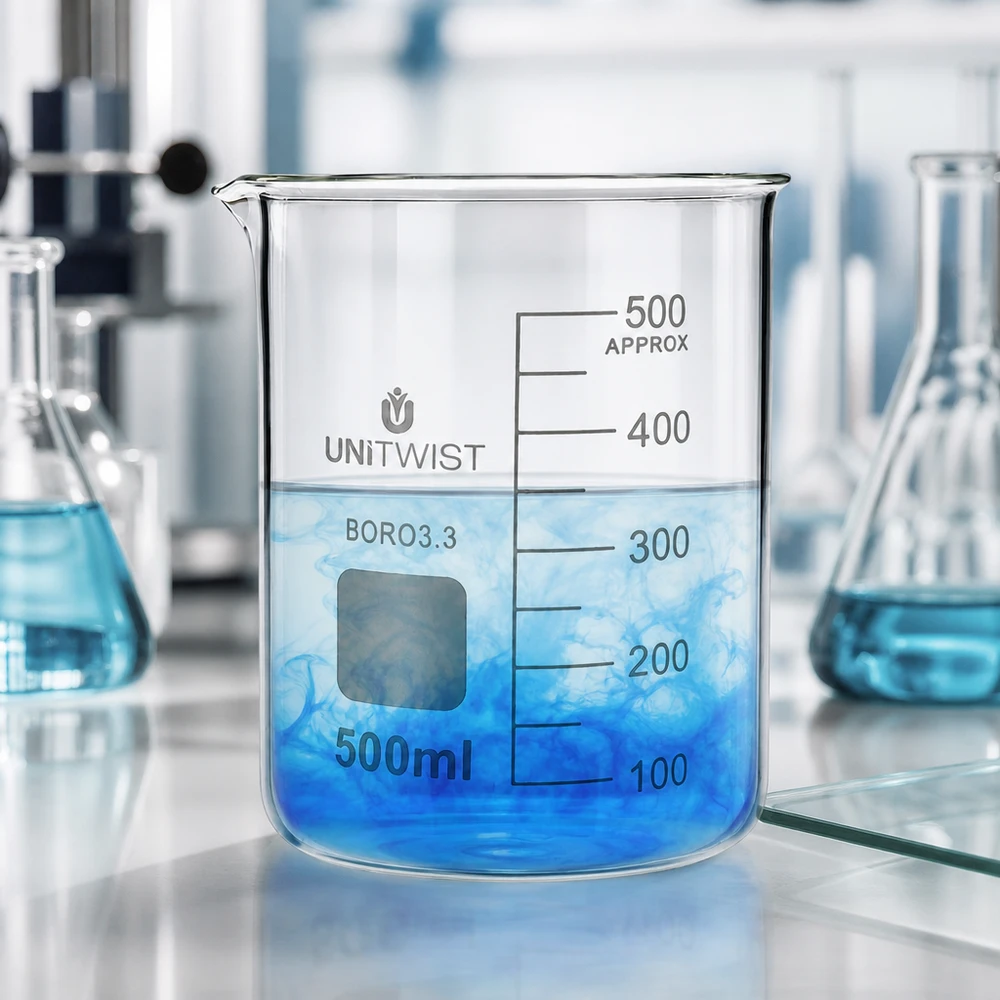 Becherglas niedrige Form 500ml mit sichtbarem Mischvorgang blauer Flüssigkeit im Laborumfeld
