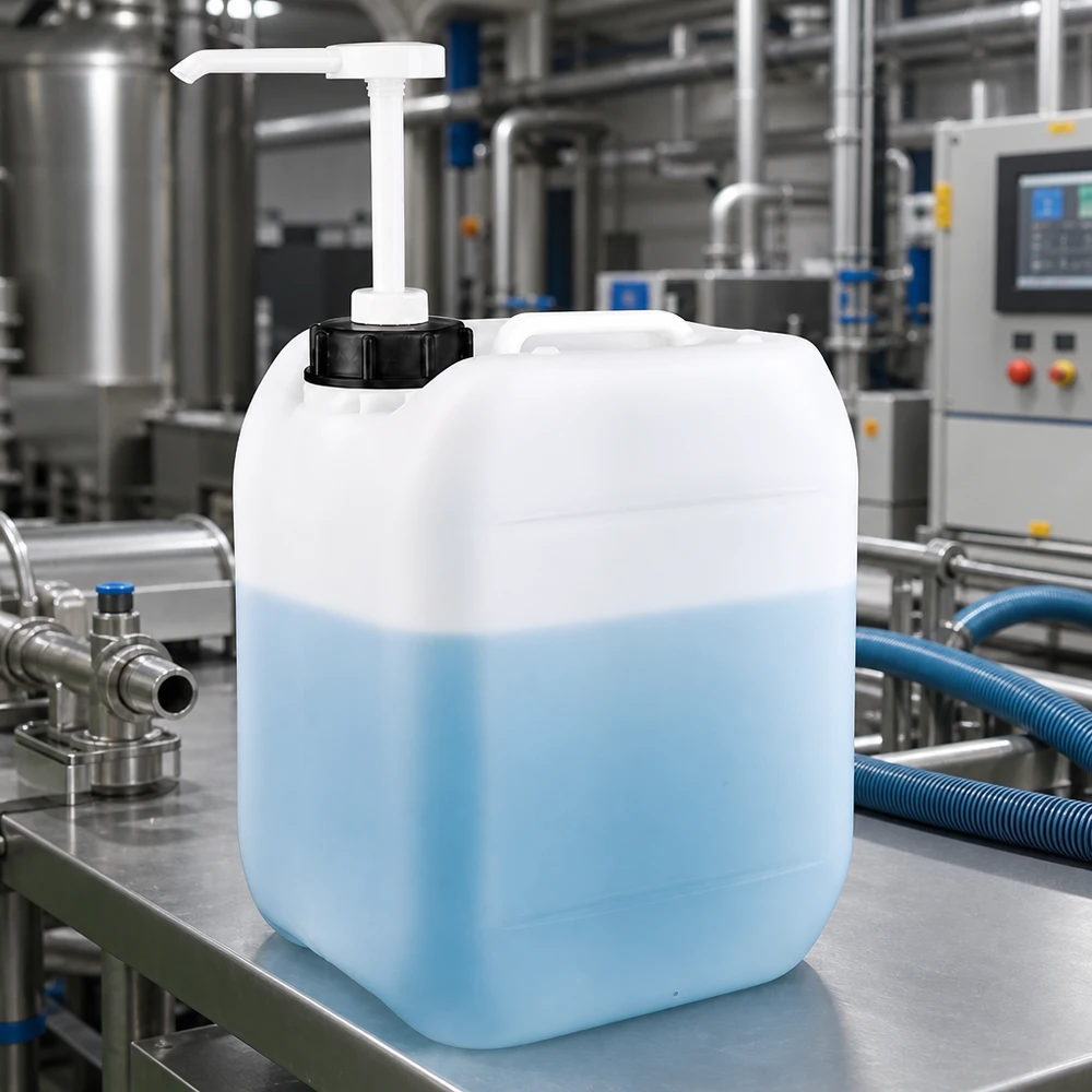 Kanister 5 Liter mit Dosierpumpe Professioneller 5 Liter Industriekanister mit Dosierpumpe vor Rohrleitungssystem und Steuerungspanel