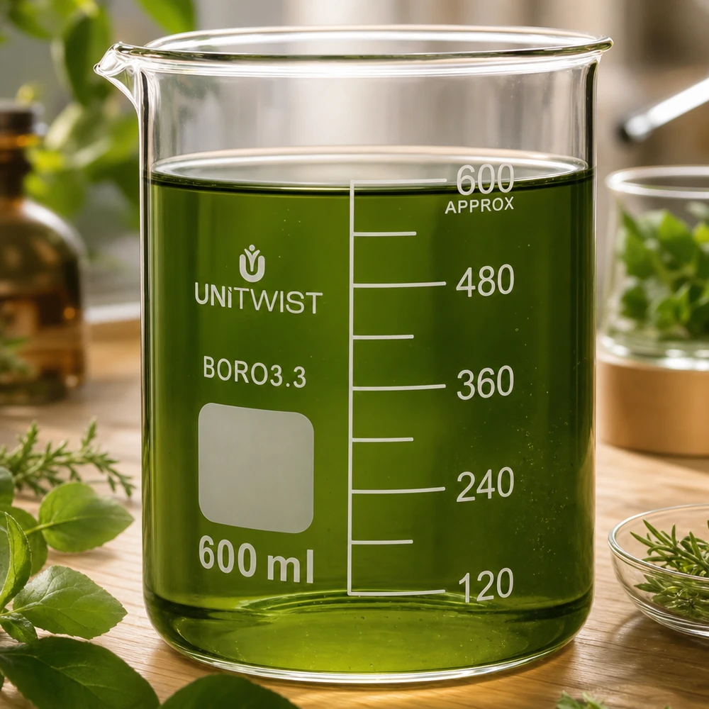 UNiTWIST Becherglas 600ml Boro3.3 niedrige Form mit grünem Extrakt und Kräuterdeko