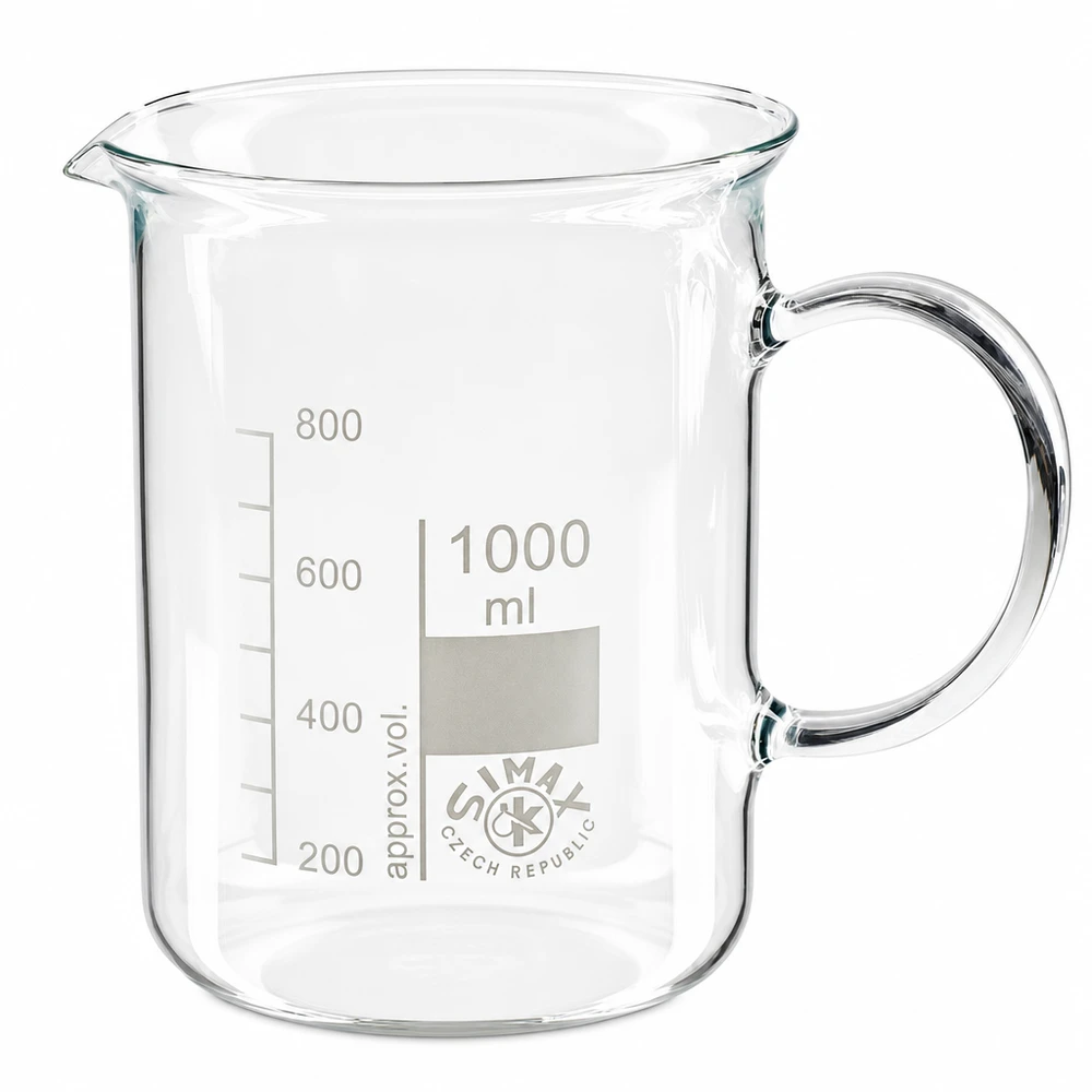 Becherglas 1000ml Borosilikatglas, mit Henkel Becherglas mit Henkel 1000ml aus Borosilikatglas ideal für Labor und Haushalt