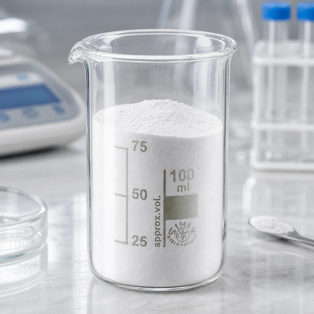 Becherglas hohe Form 100ml mit weißem Pulver neben Analysenwaage und Reagenzgläsern