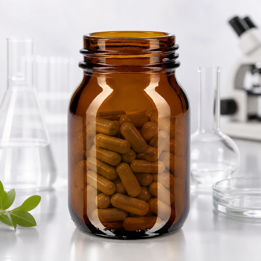 75ml Weithalsflasche Braunglas mit DIN 40 Mündung Bernsteinfarbene Weithalsflasche 75ml aus robustem Glas mit standardisierter Mündung