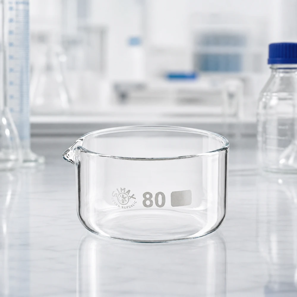 Niedrige Glasschale 150ml mit Ausguss für Verdampfung und Kristallisation im Labor ø80mm