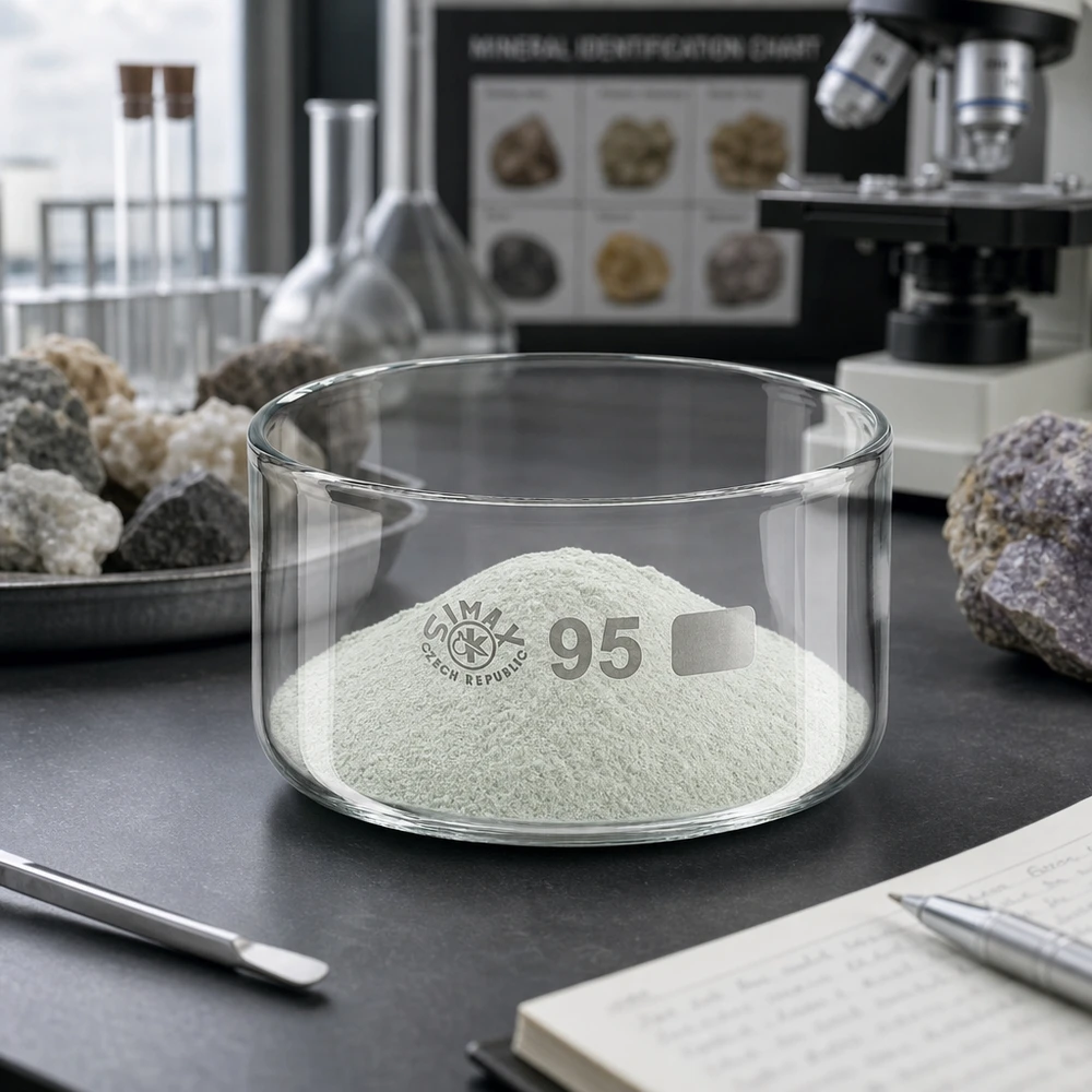 Niedrige zylindrische Glasschale 95mm mit weißem Analysepulver auf schwarzer Laboroberfläche