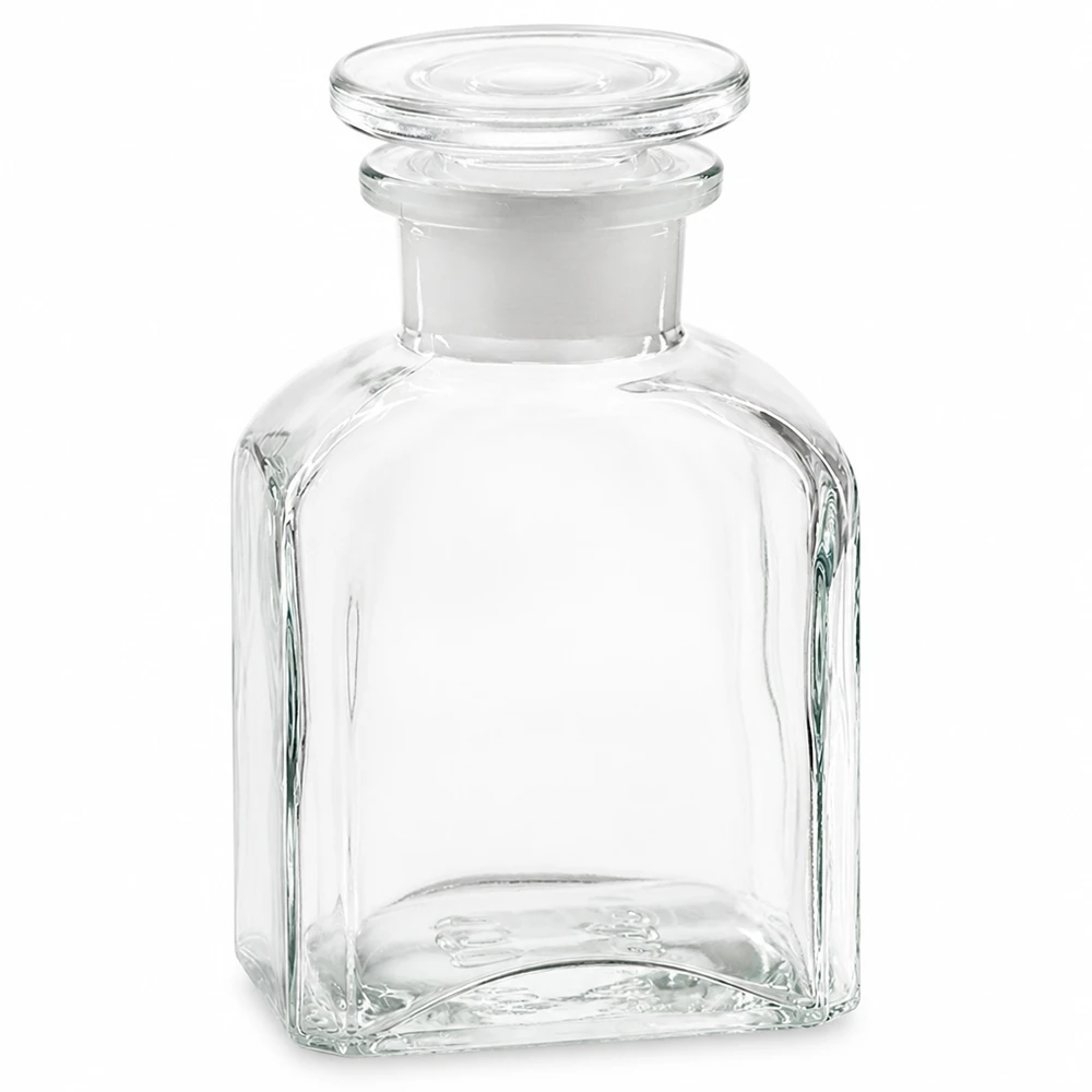 Vierkantflasche 150ml klar Weithals Glasstopfen Kleine quadratische Klarglasflasche 150ml Weithals mit flachem Glasstopfen