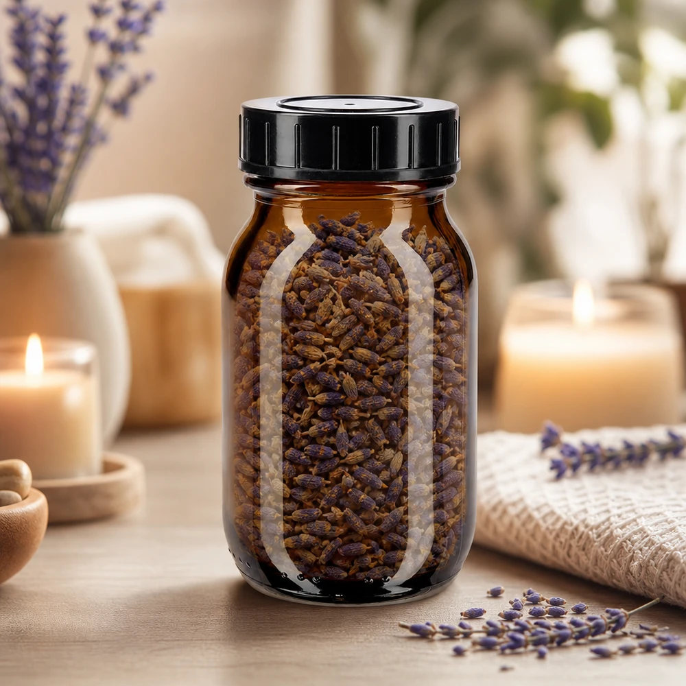 Premium Weithalsglas 100ml aus dunklem Braunglas mit festem Schraubdeckel für Aromaschutz