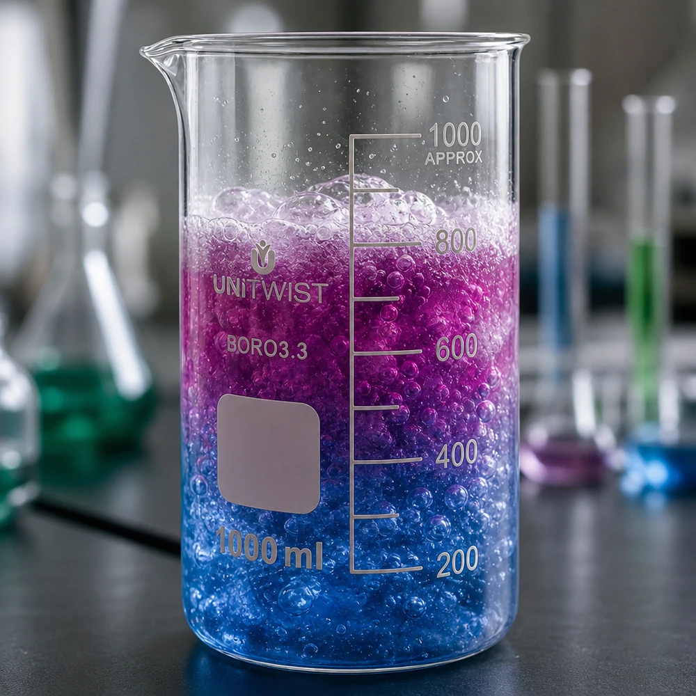 UNITWIST Becherglas hohe Form 1000ml Borosilikat mit farbiger schäumender Chemikalie gefüllt
