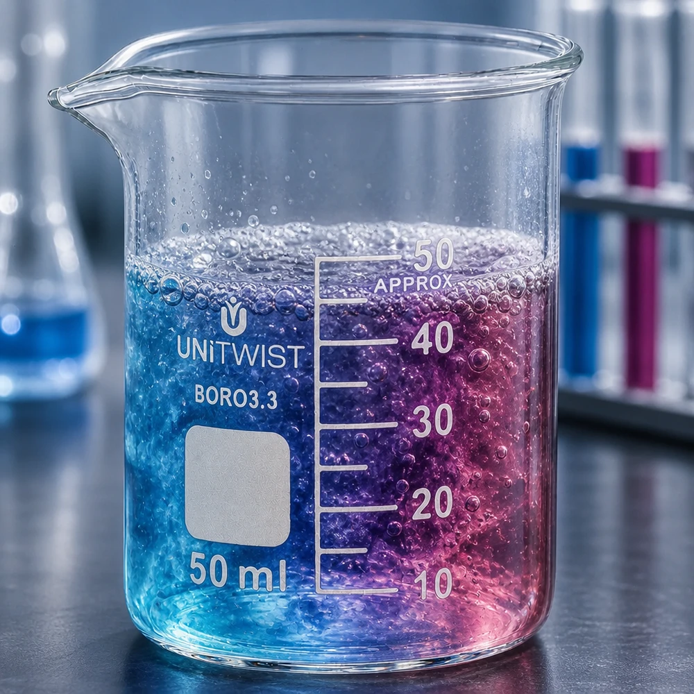 Laborbecherglas 50ml UNiTWIST mit zweifarbiger Flüssigkeit blau violett und Reagenzgläsern im Hintergrund