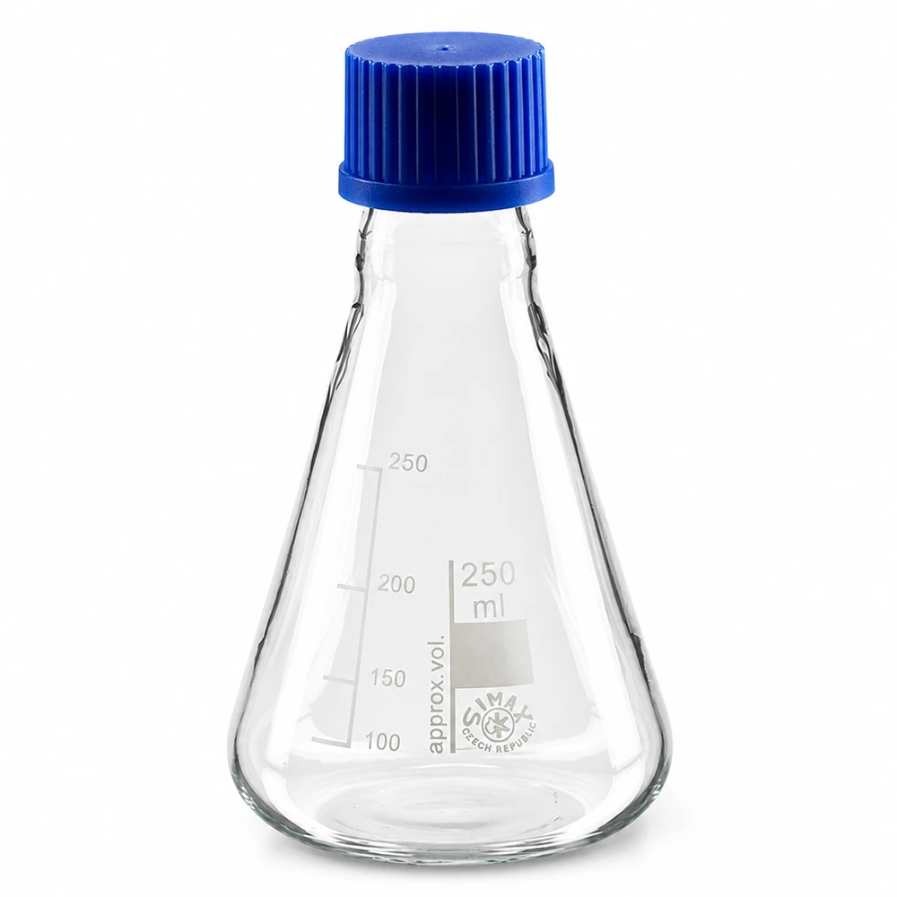 Erlenmeyerkolben 250ml mit Schraubkappe Glaskolben 250ml in konischer Form mit blauem Kunststoffverschluss für das Labor