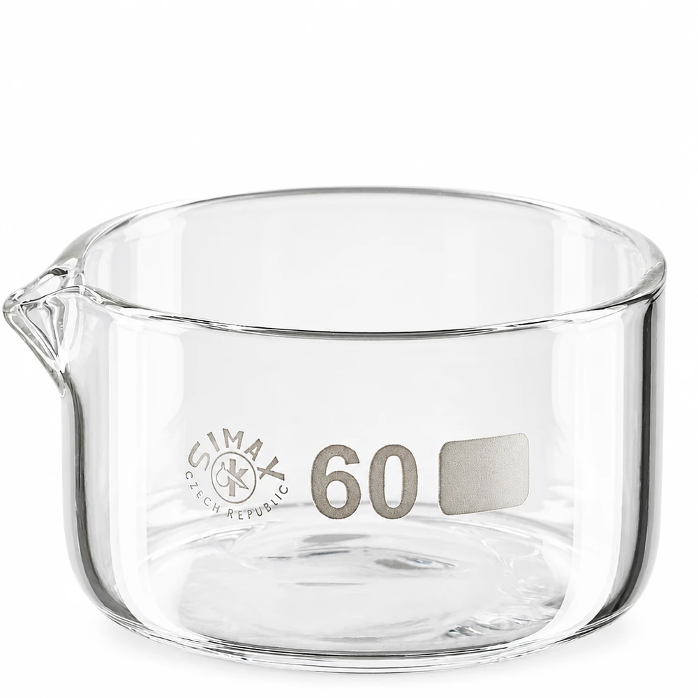 Transparente Kristallisierschale Borosilikatglas 60ml zylindrisch mit Glasausguss Laborqualität