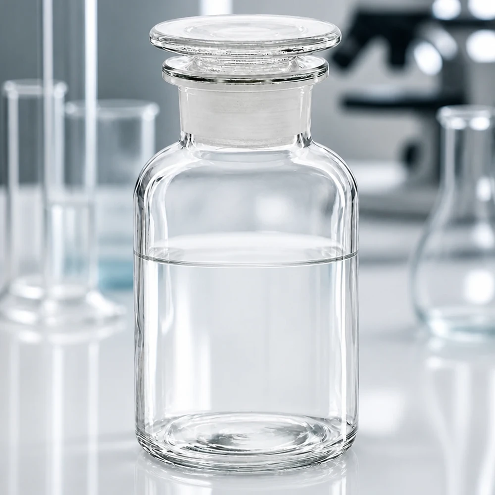 Rundschulterfl. 250ml klar Weithals Glasstopfen Pharmazeutische Glasflasche 250ml Weithals klar mit Glasstopfen zwischen Laborgeräten