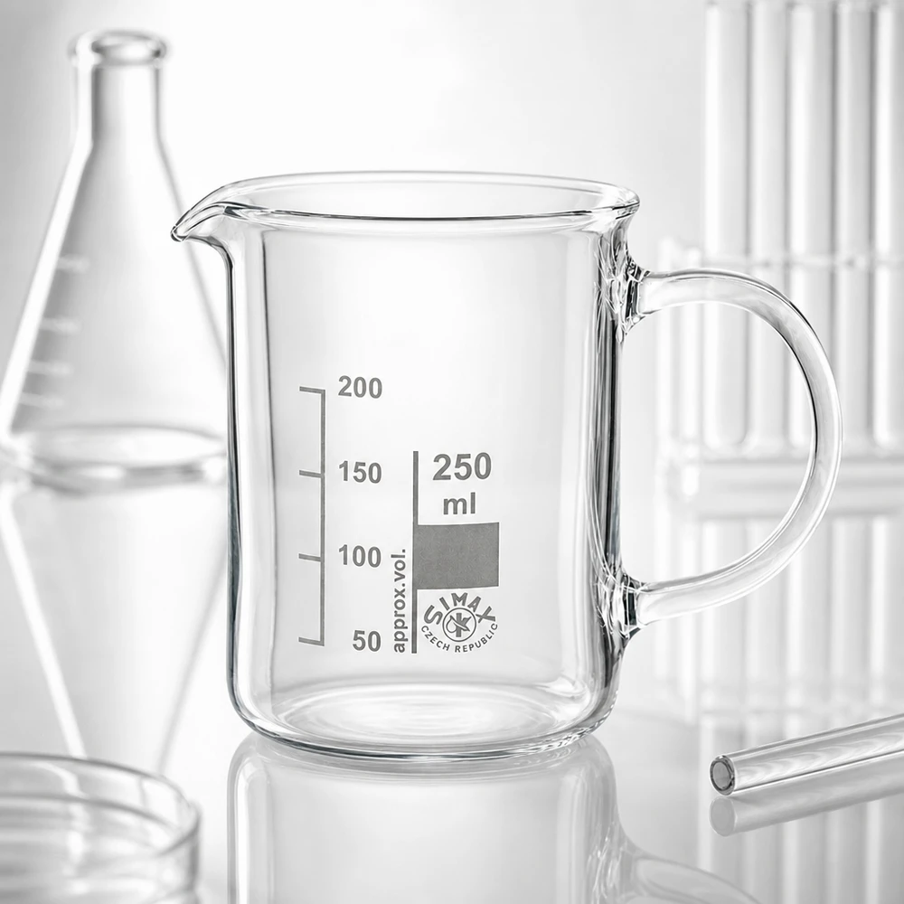 Leeres Becherglas 250ml mit Henkel aus klarem Borosilikatglas umgeben von Laborgeräten