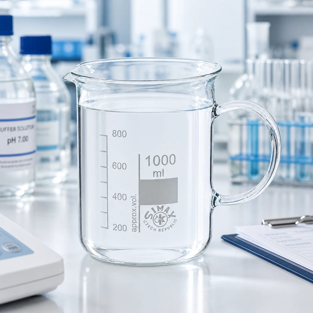 Chemiebecher 1000ml mit Henkel neben pH-Pufferlösung und Klemmbrett im Laboralltag