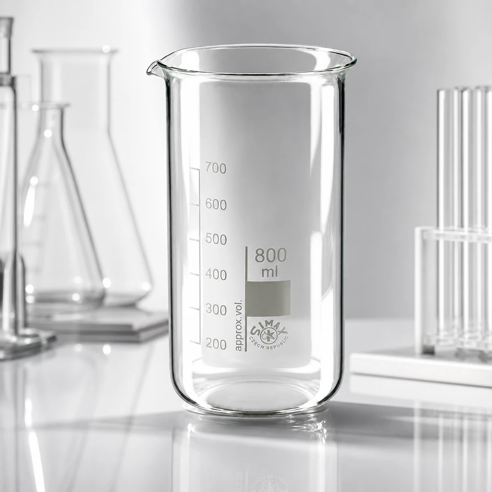 Becherglas 800ml hohe Form Produktfoto Seitenansicht mit sichtbarem Ausguss und Skalierung