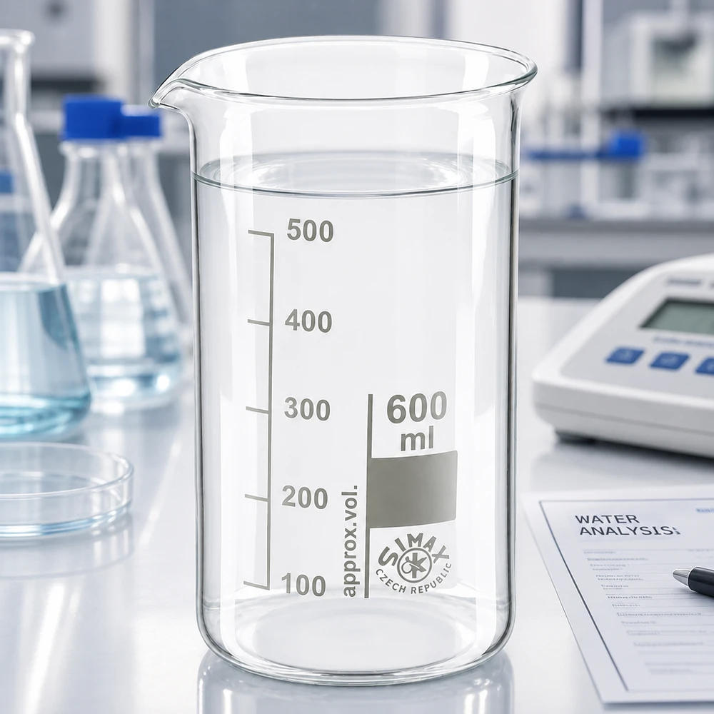 Laborbecherglas 600ml hohe zylindrische Form aus hitzebestaendigem Borosilikatglas mit Wasserprobe