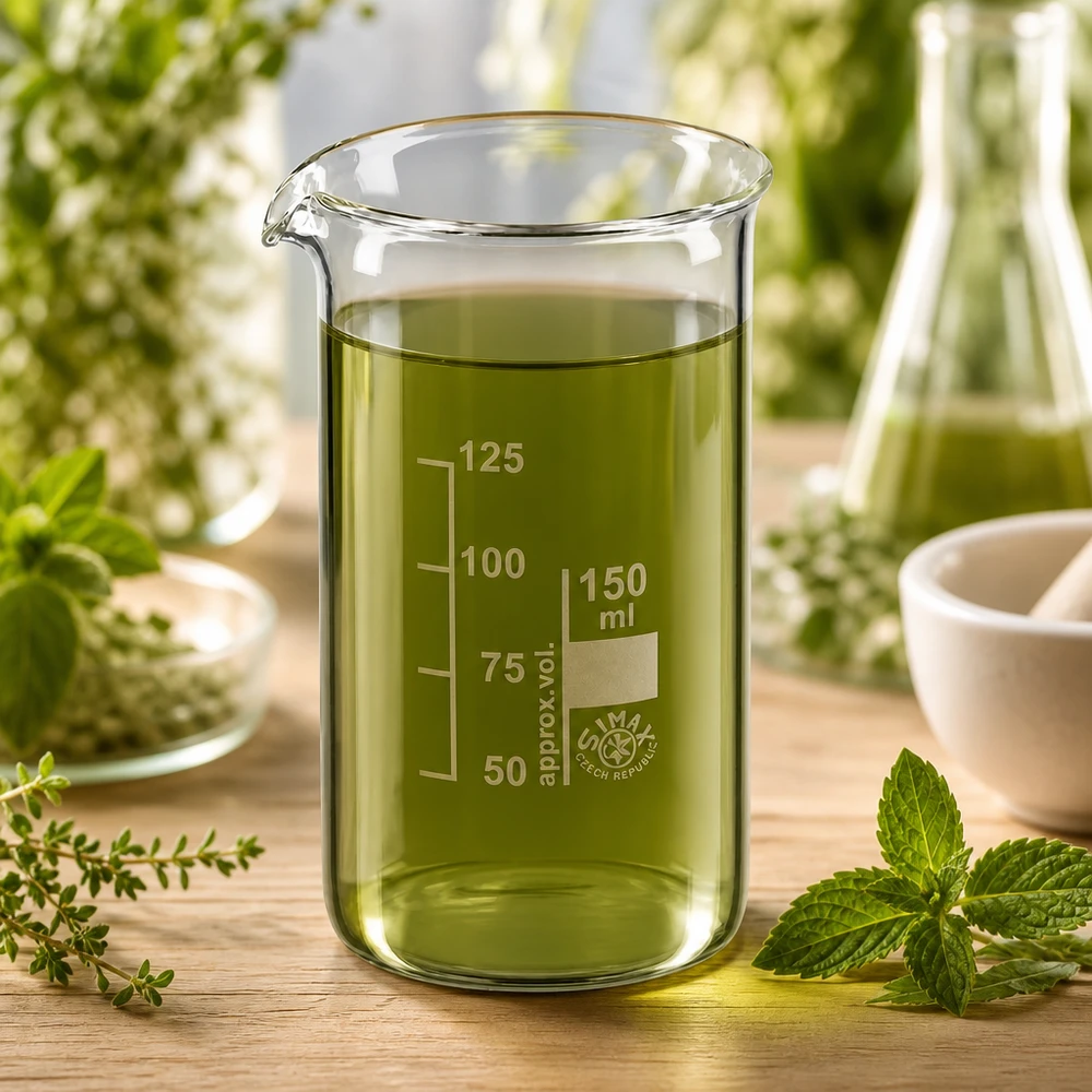 Hitzebeständiges Becherglas 150ml hohe Form mit grüner Tinktur für botanische Laboranwendungen
