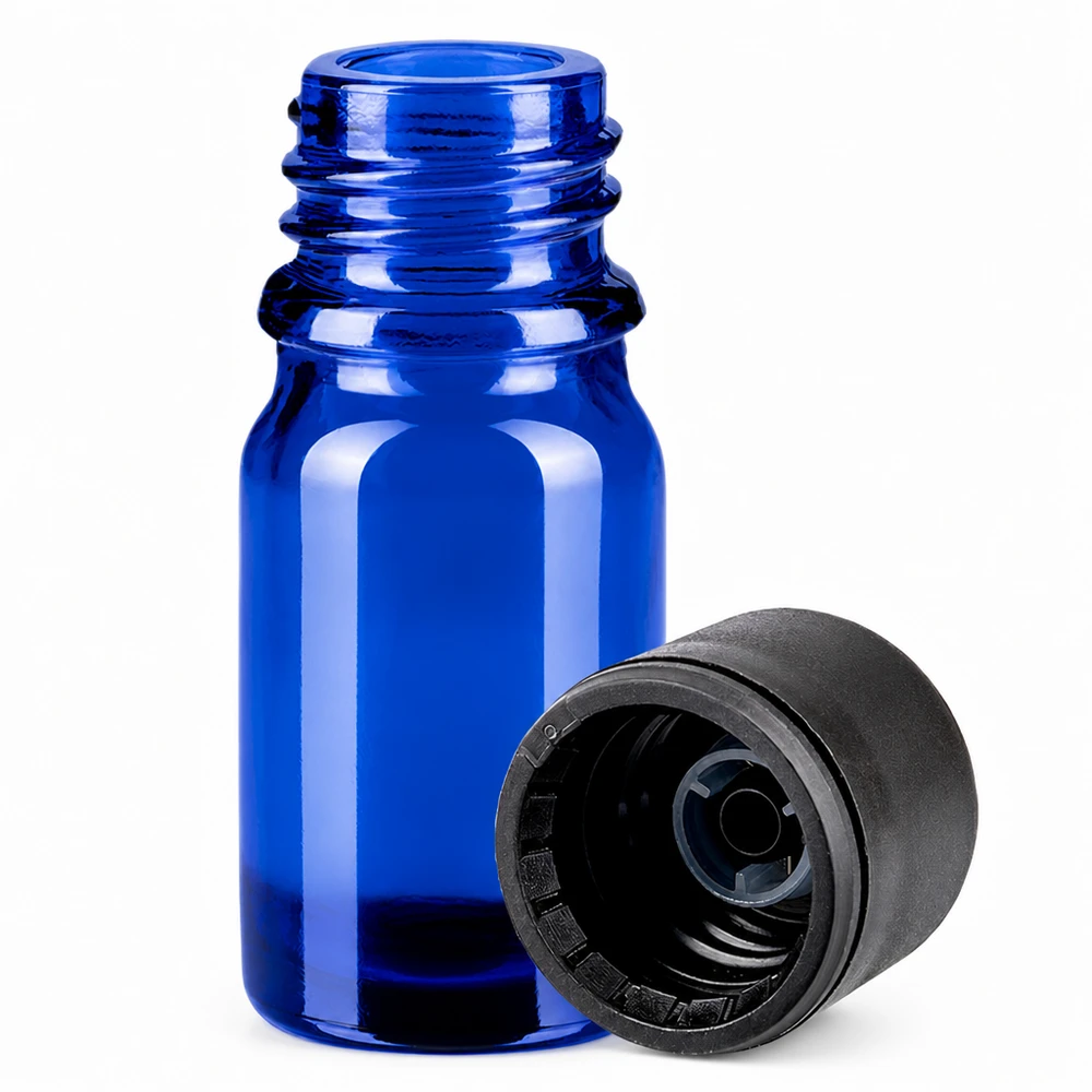 Robuste 5ml Flasche aus UV-schützendem blauen Glas mit festem schwarzem Verschluss