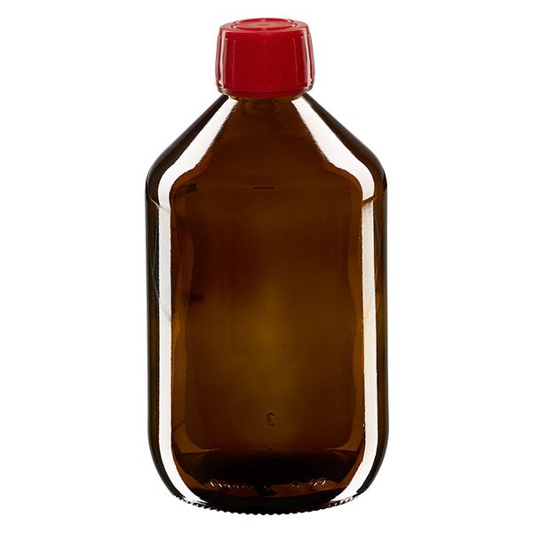 500ml Medizinflasche braun, Verschluss rot mit Originalitätsring ApoGlas