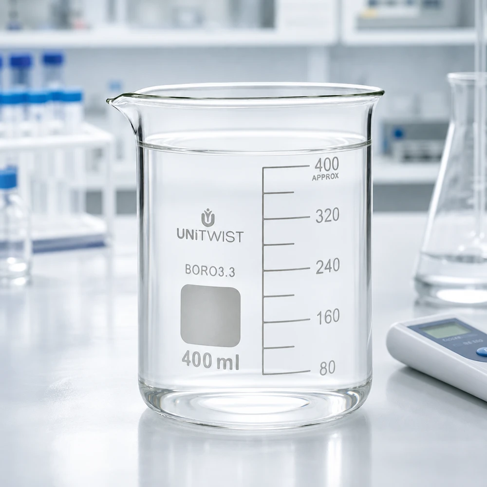 Becherglas 400ml Borosilikat, niedrige Form UNiTWIST Chemielabor Becherglas 400ml aus Borosilikat 3.3 mit Skalierung von 80 bis 400ml Volumen