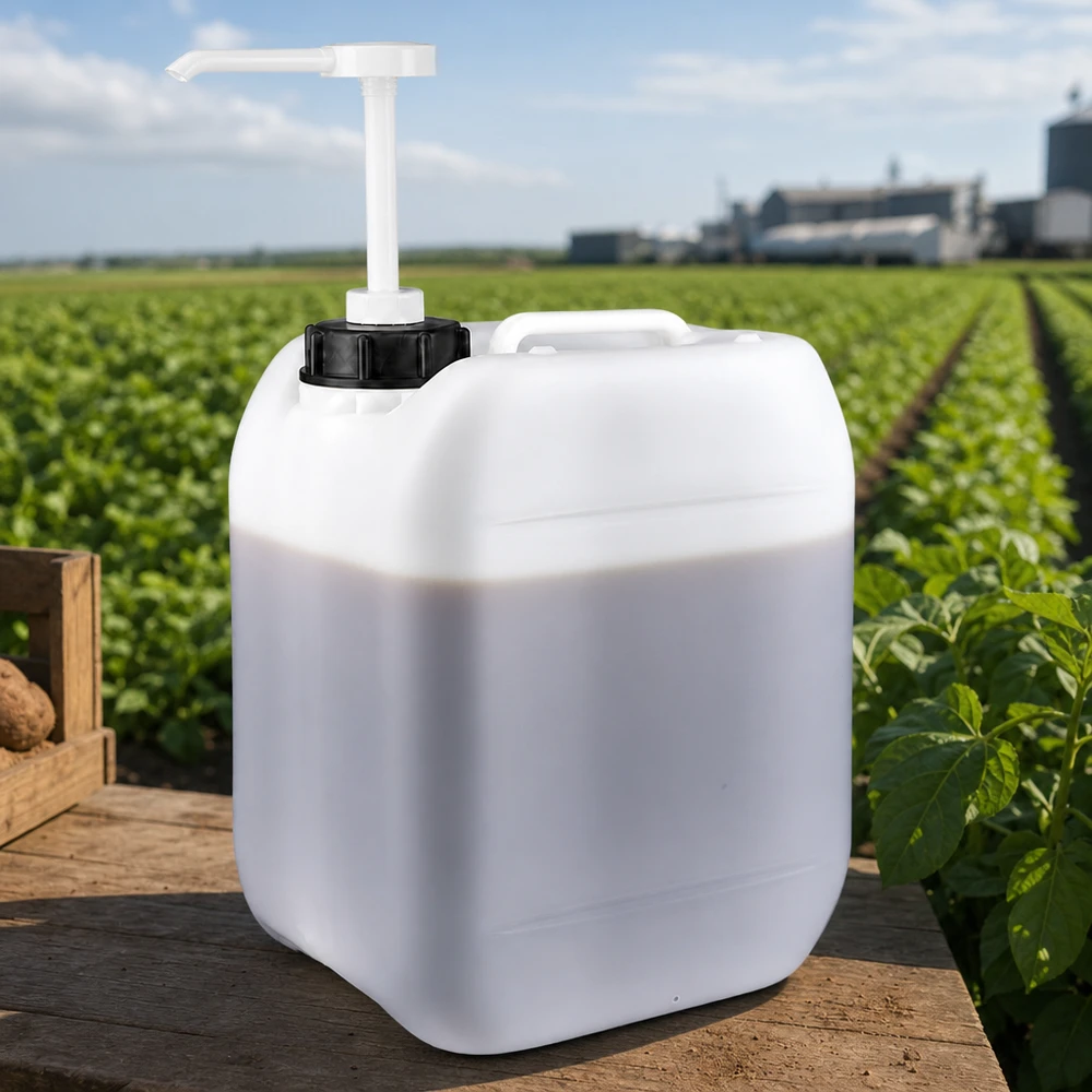 Kanister 5 Liter mit Dosierpumpe Milchig weißer 5L Kanister mit langer Dosierpumpe auf rustikalem Holztisch im Freien