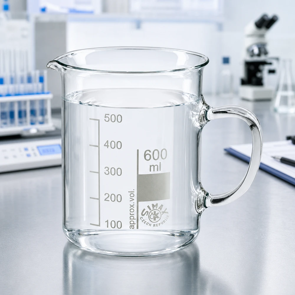 Becherglas 600ml mit ergonomischem Glashenkel für sicheres Greifen im professionellen Laboreinsatz