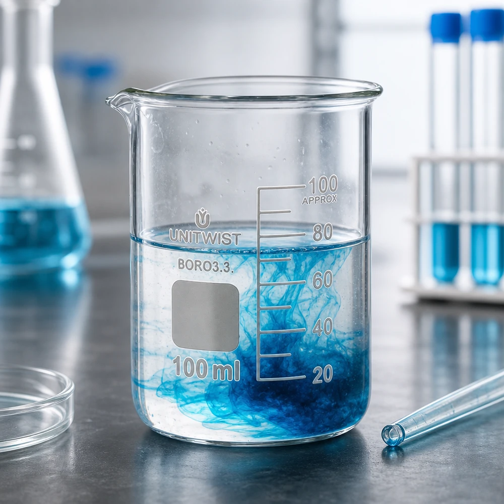 Niedrige Form Becherglas 100ml aus Borosilikatglas mit weißem Beschriftungsfeld UNiTWIST