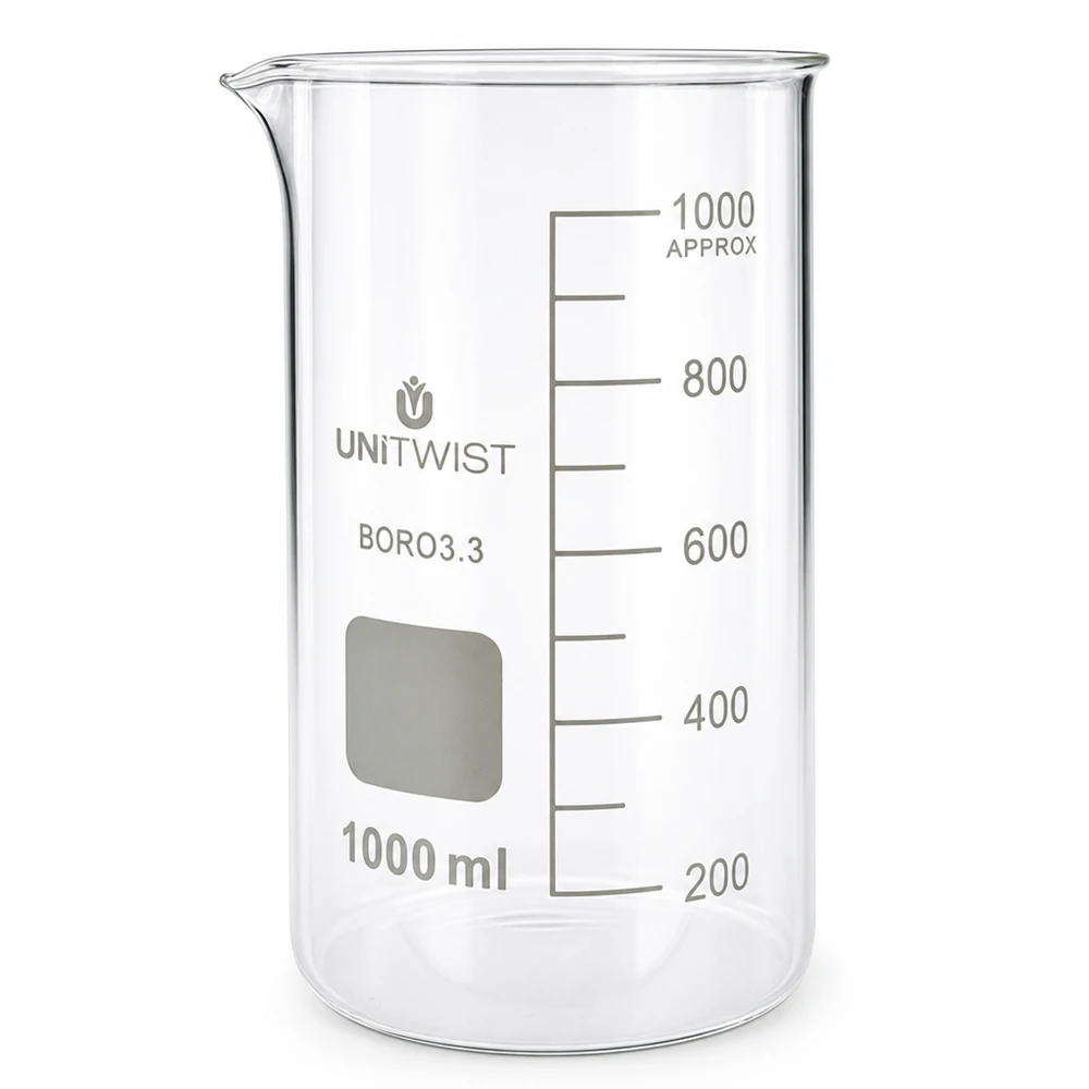 Becherglas 1000ml Borosilikat, hohe Form UNiTWIST Klares hitzebestaendiges Becherglas 1000ml hohe Form mit Schreibfeld und Messskala UNITWIST