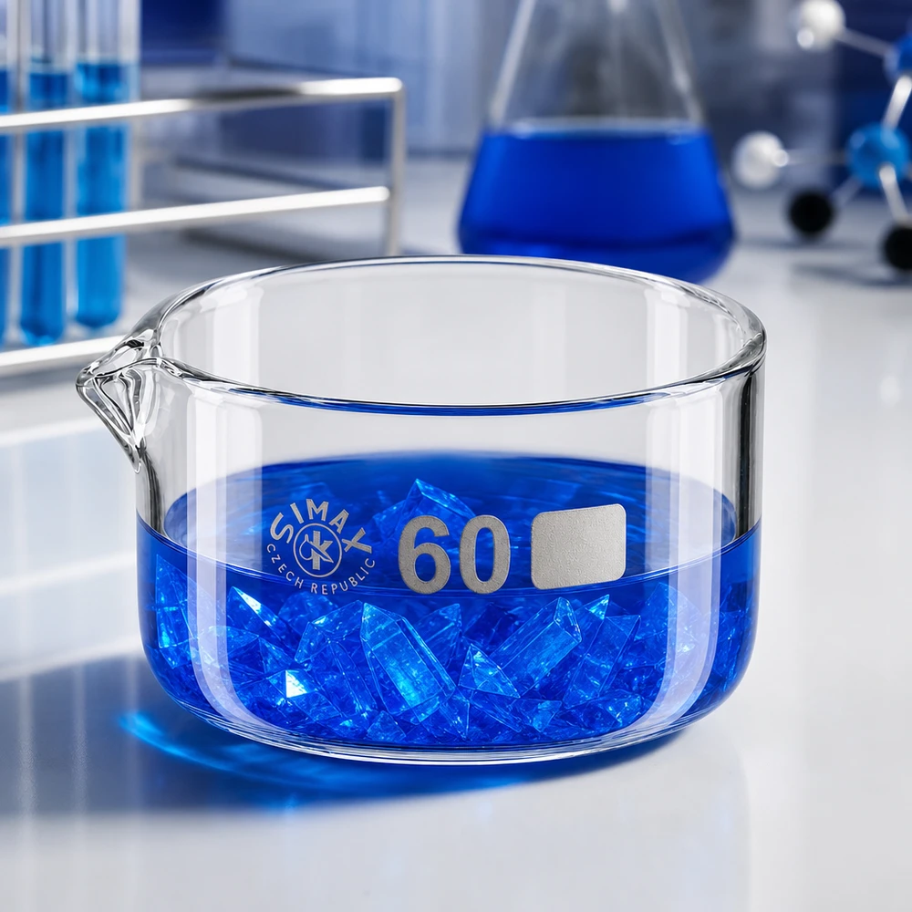 60ml Kristallisierschale mit Ausguss Borosilikat ø60mm Laborschale 60ml Kristallisation blau Ausguss Glasgefäß niedrige Bauform Simax Czech Republic