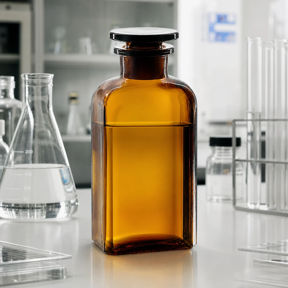 Lagerflasche 250ml braun viereckig Glasstopfen platzsparend für Öle und Lösungsmittel