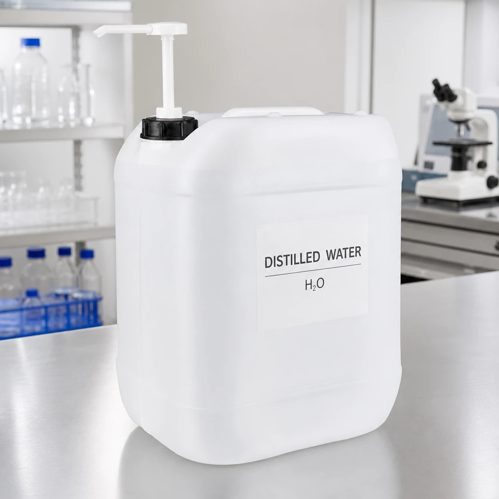 Transparenter HDPE Kanister 20 Liter mit Pumpspender für destilliertes Wasser im Labor
