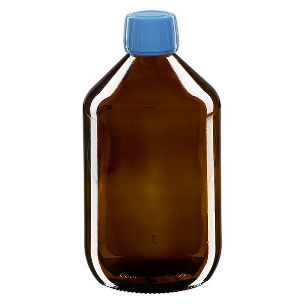 500ml Medizinflasche braun, Verschluss blau mit Originalitätsring ApoGlas 500ml Medizinflasche braun, Verschluss blau mit Originalitätsring ApoGlas