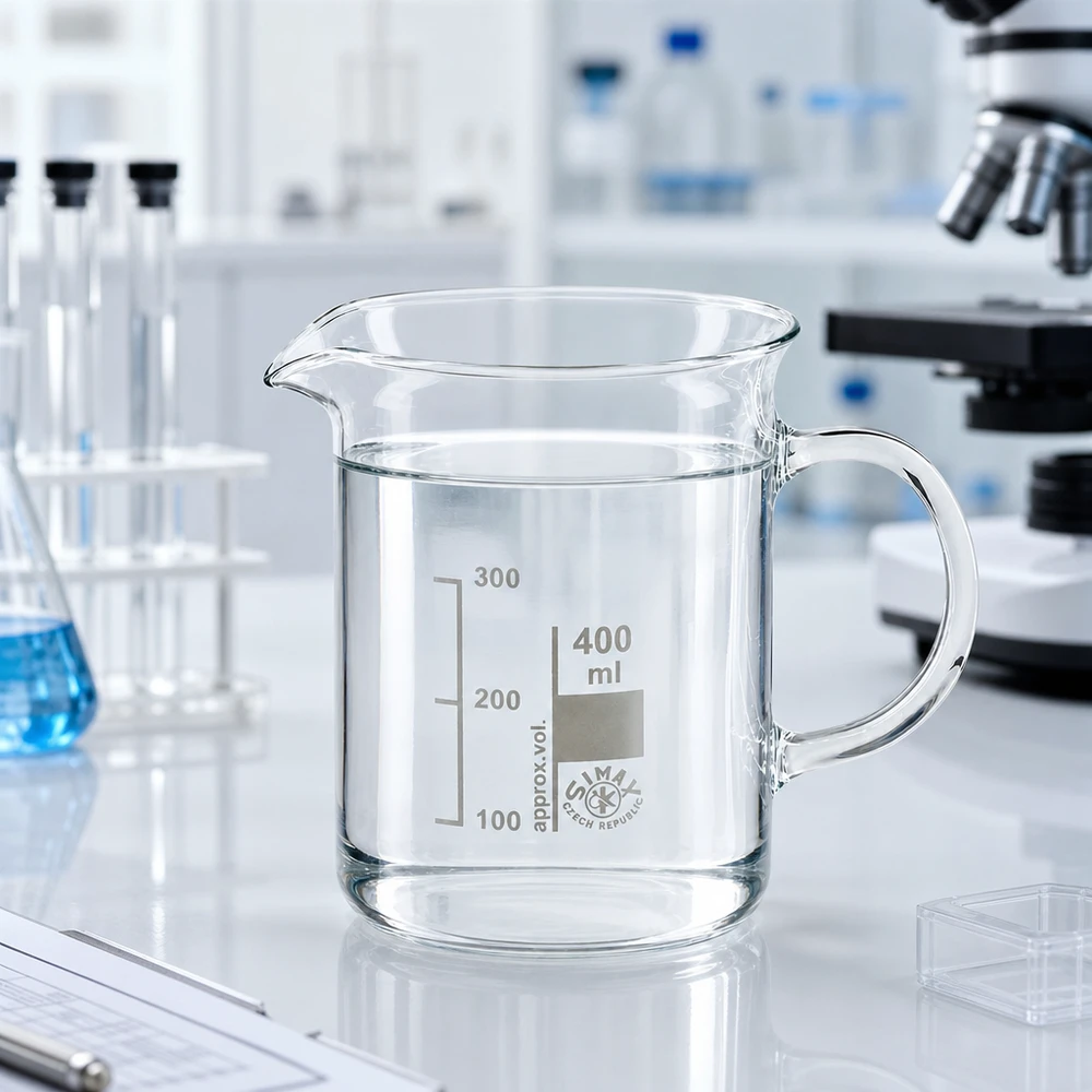 Becherglas 400ml mit Henkel dickem Glasboden und eingeprägter Milliliter-Skala Borosilikatglas Labor