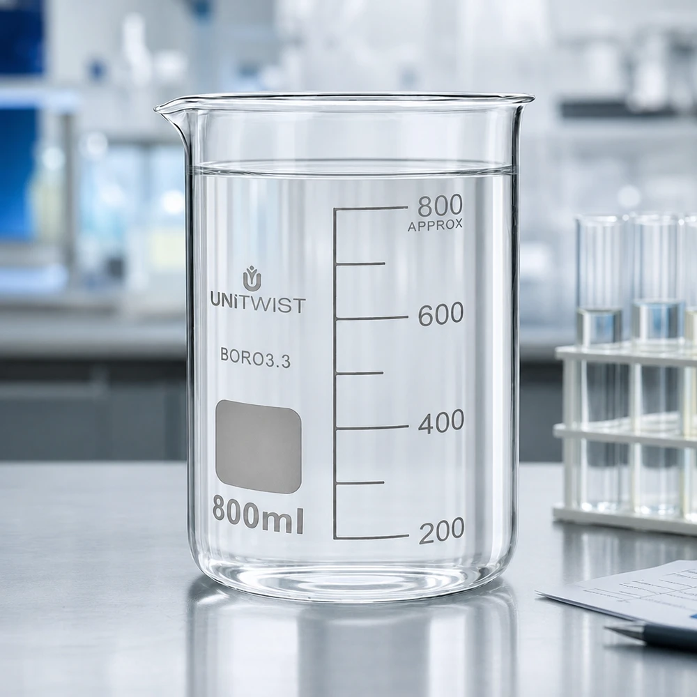 Professionelles Becherglas 800ml hohe Form UNITWIST Borosilikat mit klarem Wasser befüllt