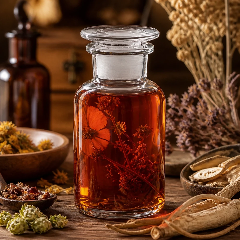 Naturheilkunde Rundschulterflasche 250ml klar mit Blütenextrakt und Glasverschluss