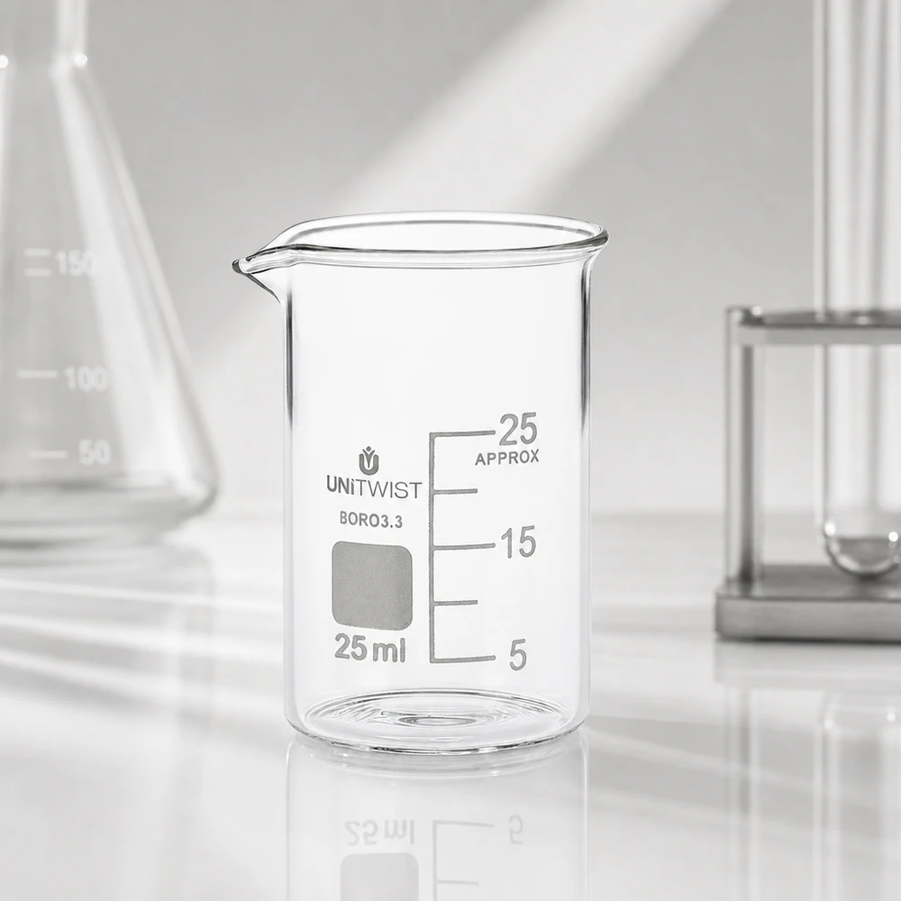 UNiTWIST Becherglas niedrige Form 25ml Borosilikat mit grauem Beschriftungsfeld für Labormarkierungen