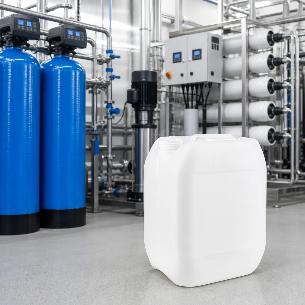 Kanister 10 Liter ohne Verschluss Transluzenter 10 Liter Kunststoffkanister ohne Verschluss neben blauen Filtertanks